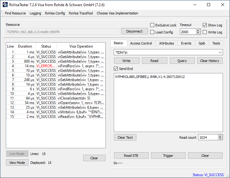 Query result of *IDN? sent to GPIBee's internal SCPI interface