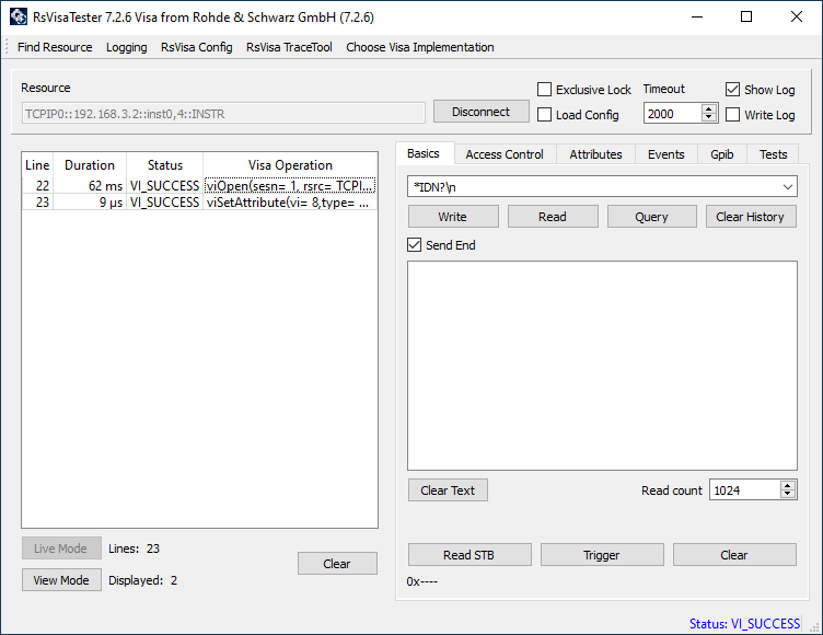 Log showing VI_SUCCESS returned on viOpen for the GPIB device at address 4