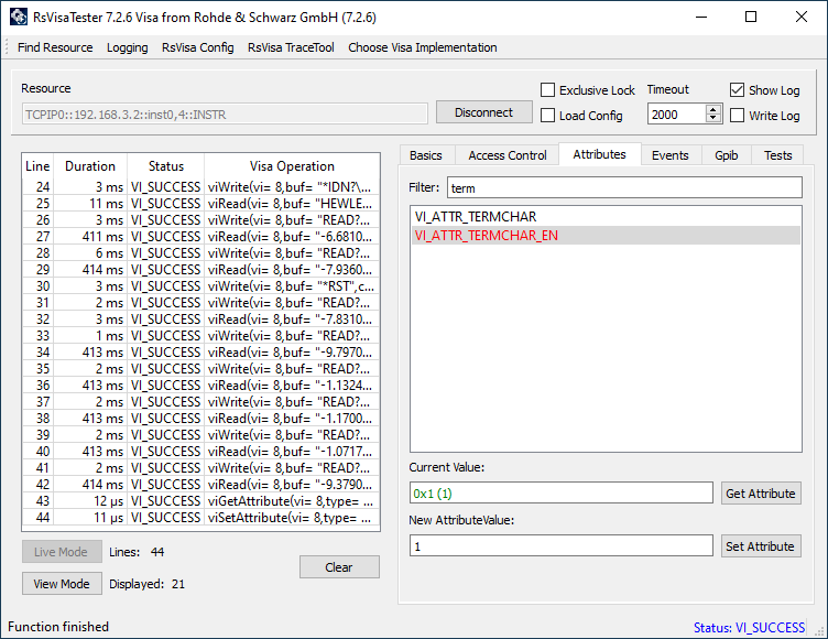 Attributes tab with VI_ATTR_TERMCHAR_EN set to 1