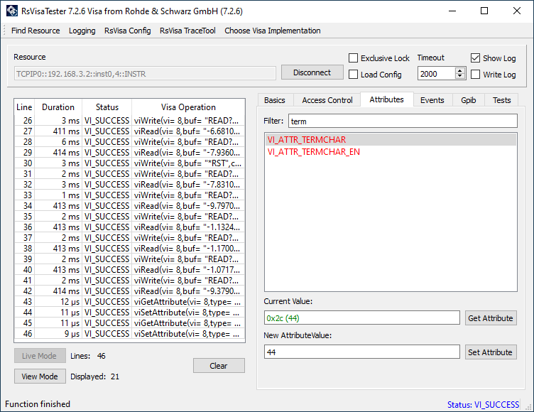 VI_ATTR_TERMCHAR set to 44 (comma) in the Attributes tab