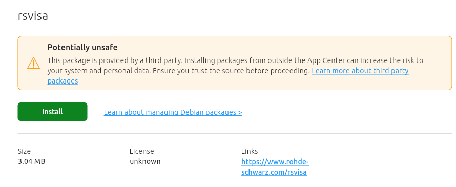 Ubuntu Software Center install confirmation for the rsvisa package